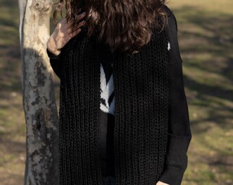 Black Hand Knitted Scarf soft thick warm wool Male/Female, READY FOR SHIPPING