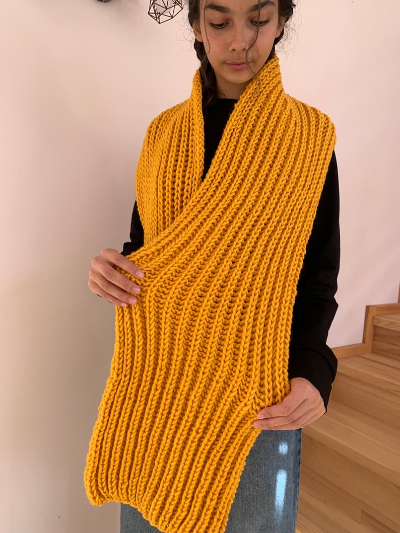 Oversized yellow hand knitted scarf, hand knitted scarf in yellow, Women knit scarf, READY FOR SHIPPING image 10