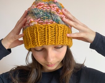 Hand Knitted Wool Hat: Mustard Yellow Multicolor Winter Beanie