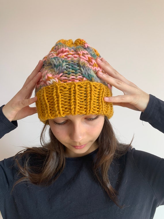 Bonnet en laine tricoté main Bonnet d'hiver multicolore jaune