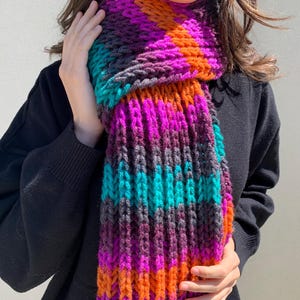 Bright Hand knitted scarf in blue and purple, Winter knitted scarf. Handmade scarf. Women scarf, Teen, Colorful, Multicolour