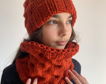 Burnt red hand knitted set, knitted cowl and hat in burnt red, knitted snood and knitted hat, READY FOR SHIPPING