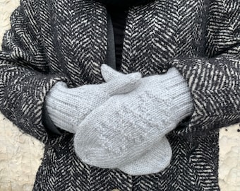 Bright Gray hand knitted mittens, grey wool mitts, READY FOR SHIPPING