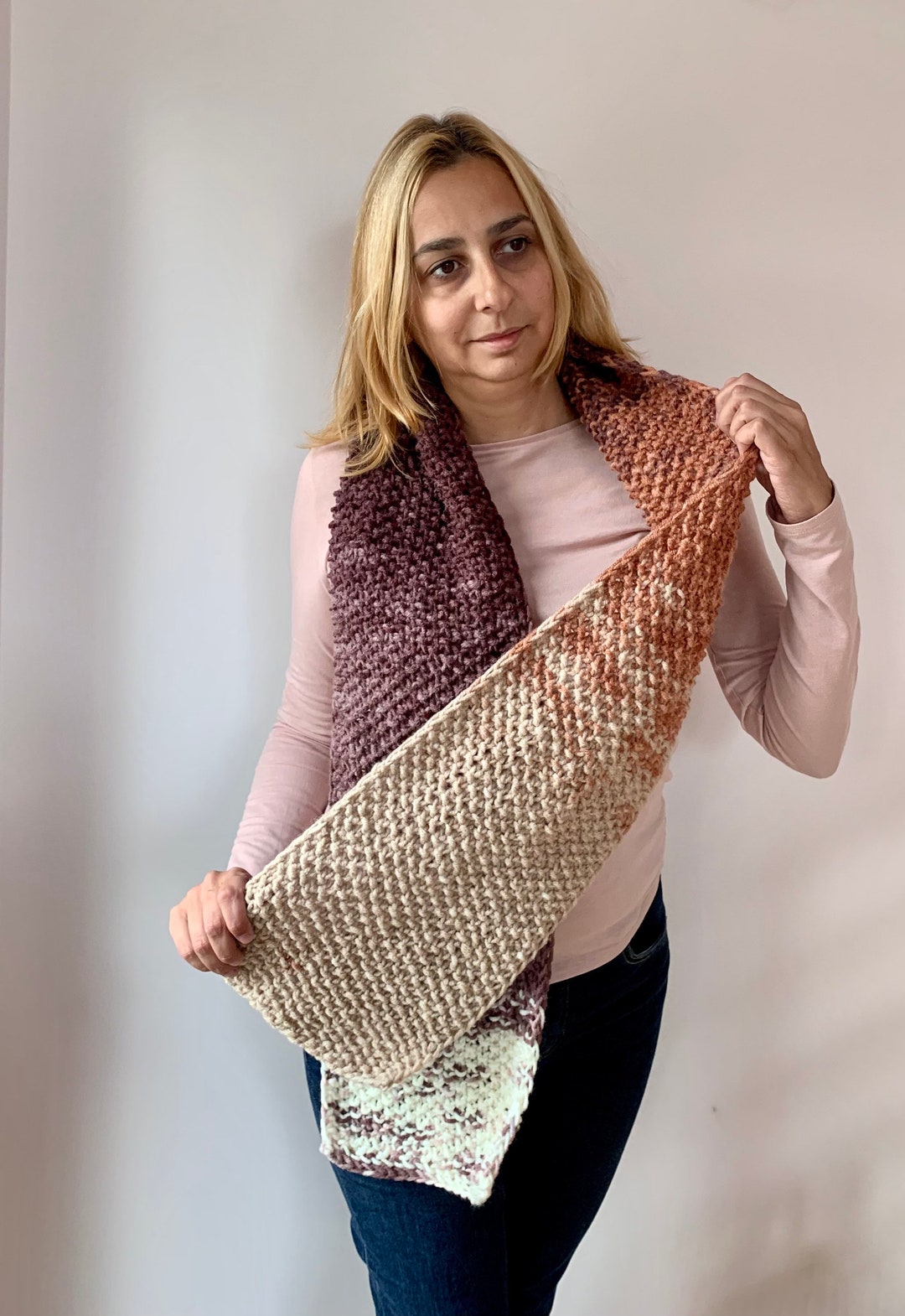 Brown Hand Knitted Scarf Winter Knitted Scarf Bright and Dark Etsy