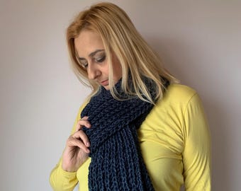 Hand knitted scarf in blue, dark blue knitted scarf Ready to ship