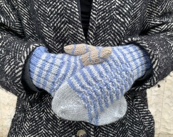 Gray and blue hand knitted mittens, READY FOR SHIPPING