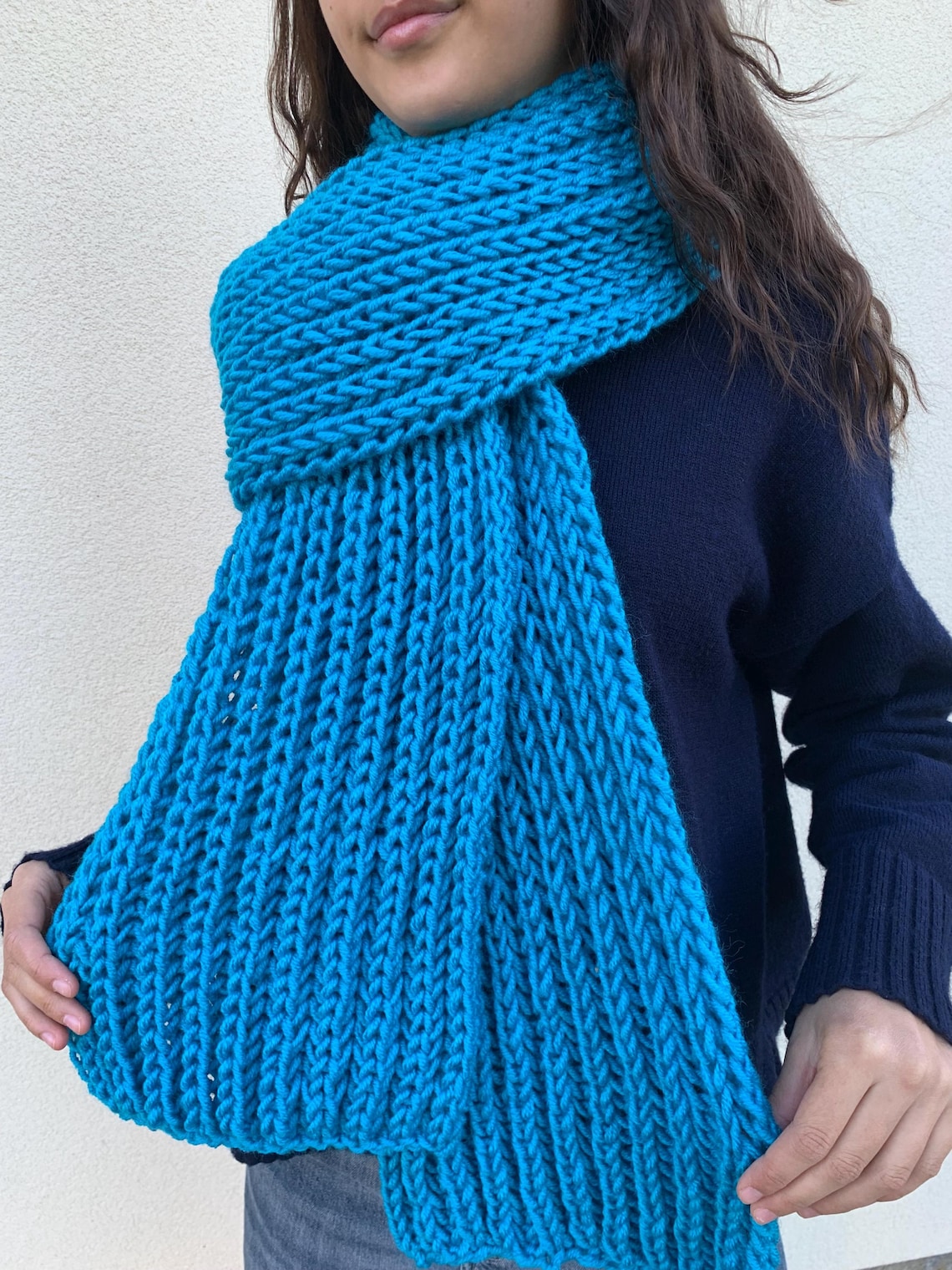 Hand Knitted Extra Long Blue Scarf: Merino Wool Blend - Etsy