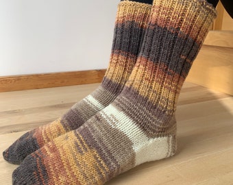 Hand knitted wool socks, brown home socks, warm handmade socks, women knitted slippers, men knitted slippers