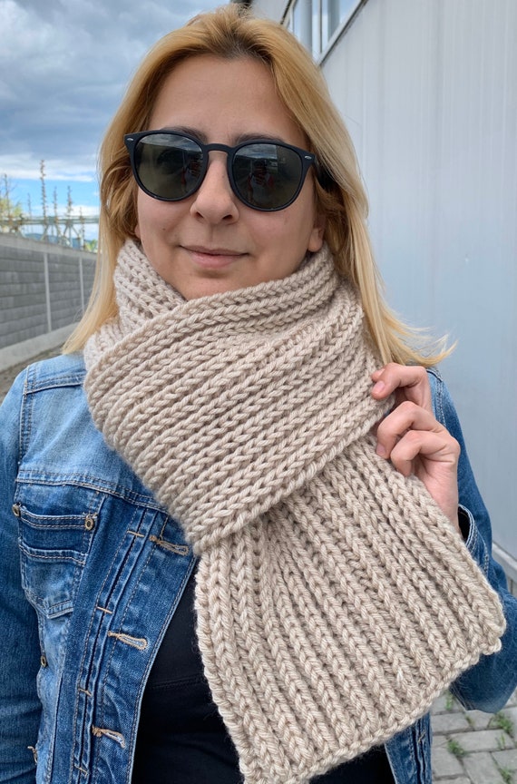Hand Knitted Beige Scarf: Chunky Wool Blend Winter Scarf - Etsy Hand Knitted Beige Scarf: Chunky Wool Blend Winter Scarf - Etsy