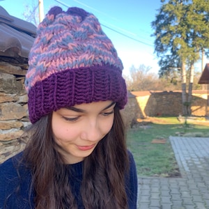 Purple hand knitted hat, winter warm wool hat, multicolored hand knitted beanie, READY FOR SHIPPING