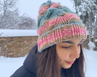 Blue and pink cabled hand knitted  hat, winter warm wool hat, hand knitted, READY FOR SHIPPING