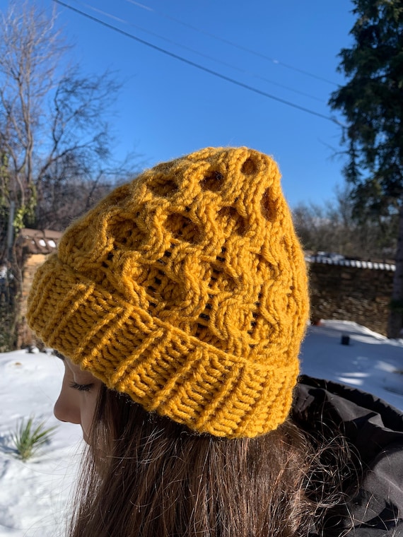 Cappello lavorato a mano giallo senape, cappello invernale caldo