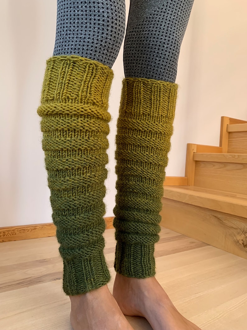 Hand Knitted leg warmers in shades of green , hand knitted green legwarmers, yoga socks, fitness, dance image 1