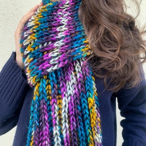 Colorful Hand knitted scarf in blue and purple, yellow. Winter knitted scarf. Handmade scarf. Women scarf, Multicolour