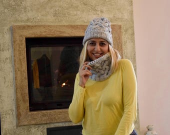Hand Knitted Gray Cowl and Hat Set:  Wool Blend