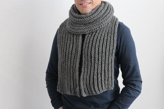 Mens Scarf Hand Knit Mens Scarf In Charcoal Grey Dark Gray Hand Knitted Scarf Gift For Him