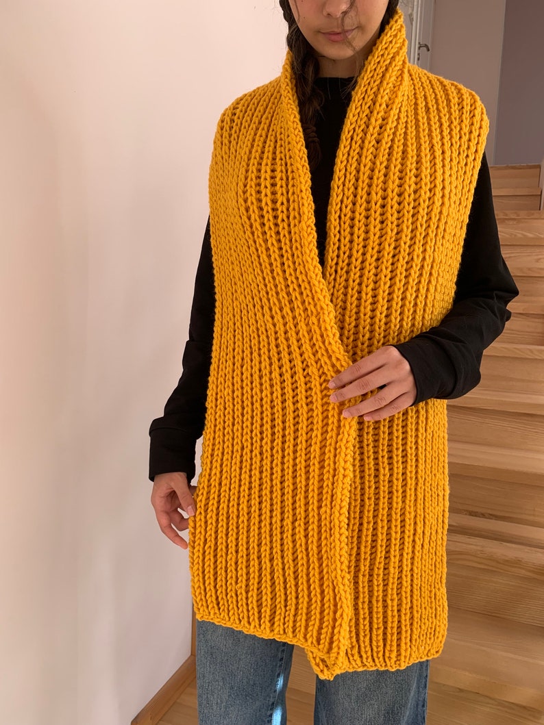 Oversized yellow hand knitted scarf, hand knitted scarf in yellow, Women knit scarf, READY FOR SHIPPING image 9