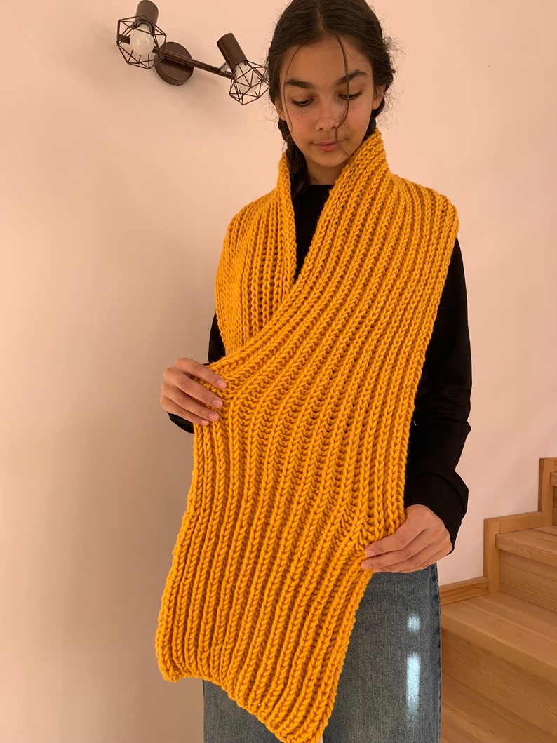 Oversized yellow hand knitted scarf, hand knitted scarf in yellow, Women knit scarf, READY FOR SHIPPING image 4