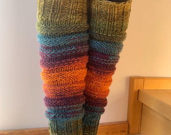 Hand Knitted leg warmers in orange and green , no wool, vegan friendly multicolor legwarmers, yoga socks, fitness, dance