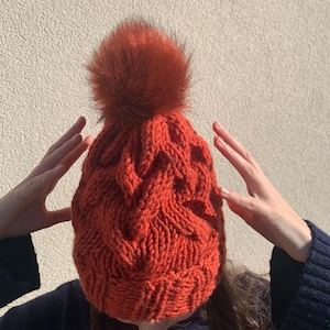 Burnt red hand knitted pom pom hat, winter warm wool hat, hand knitted, READY FOR SHIPPING
