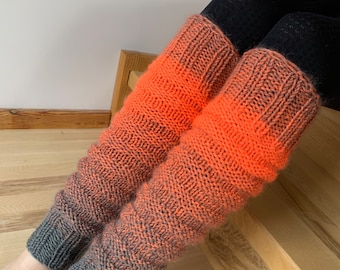 Hand knitted leg warmers in electric orange and gray, hand knitted legwarmers, yoga socks, fitness, dance, running - READY TO SHIP