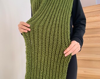 Oversized olive green hand knitted scarf, hand knitted scarf in green,  Women knit scarf, READY FOR SHIPPING