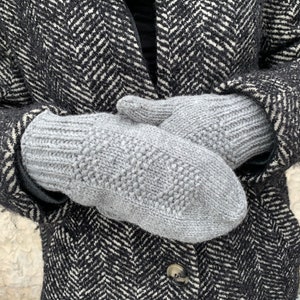 Gray hand knitted mittens, grey wool mitts