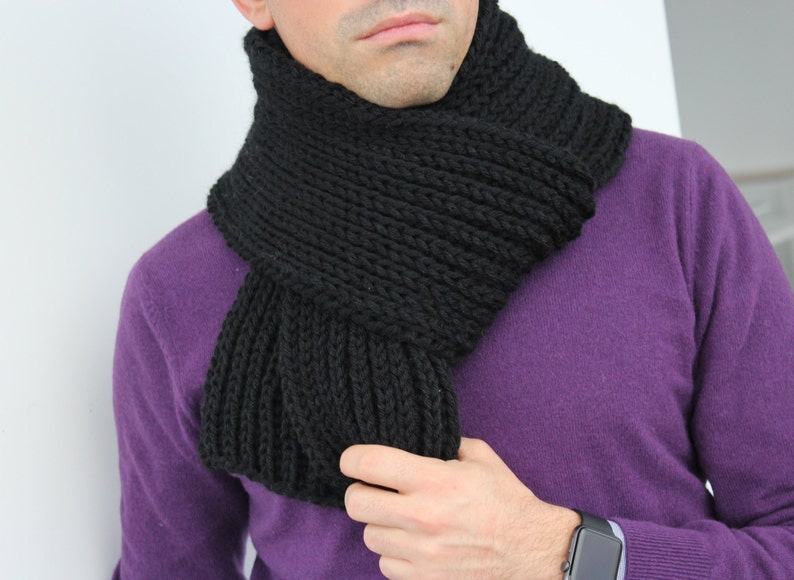 Mens Black Knit Scarf Thick Extra Long 78 inches Pure Merino Etsy