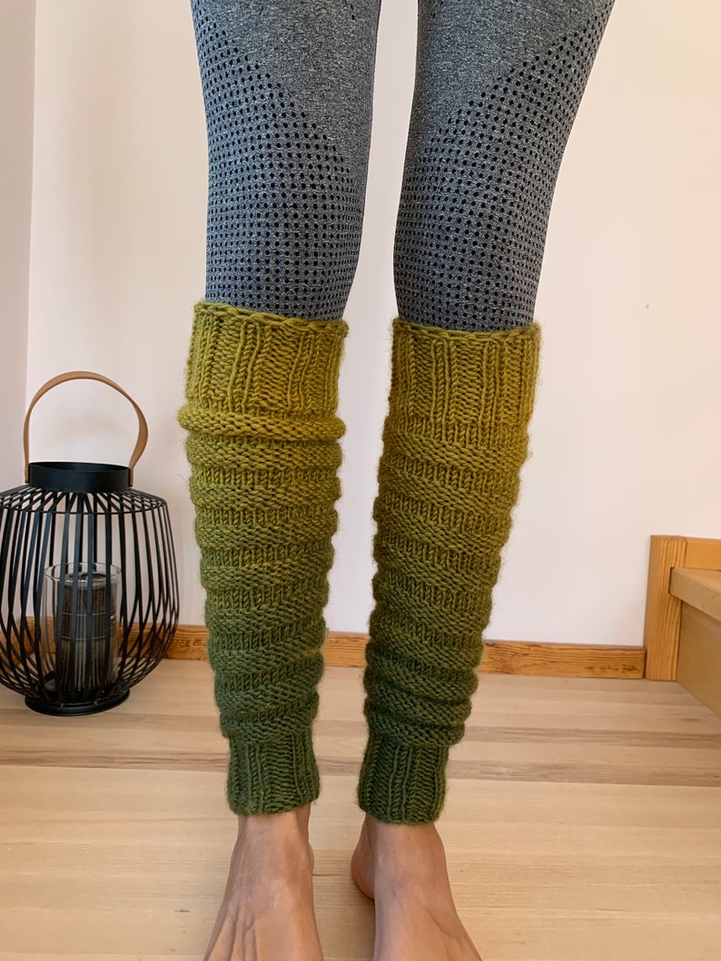 Hand Knitted leg warmers in shades of green , hand knitted green legwarmers, yoga socks, fitness, dance image 2