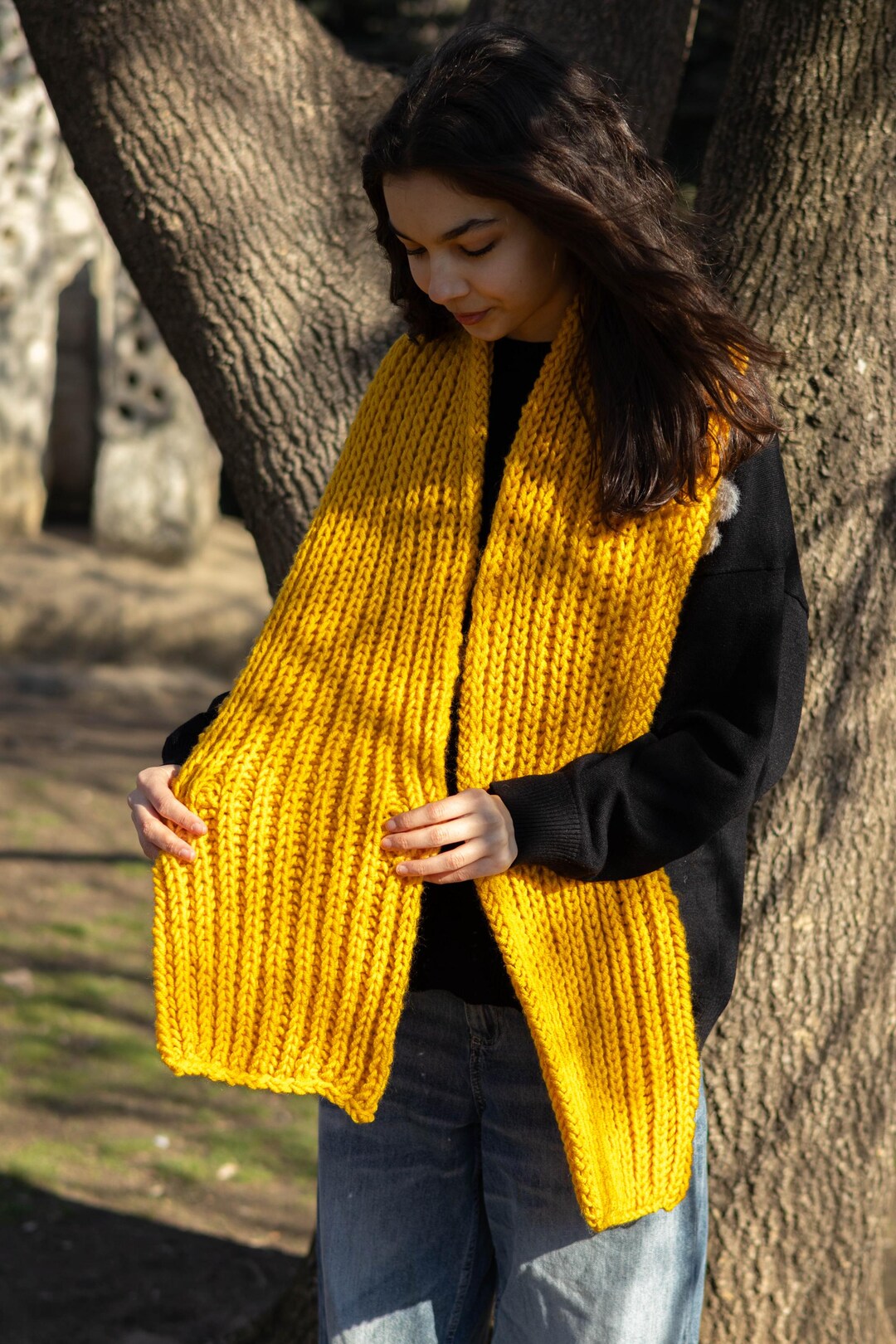 Hand Knitted Chunky Knit Scarf: Yellow Merino Wool Blend - Etsy