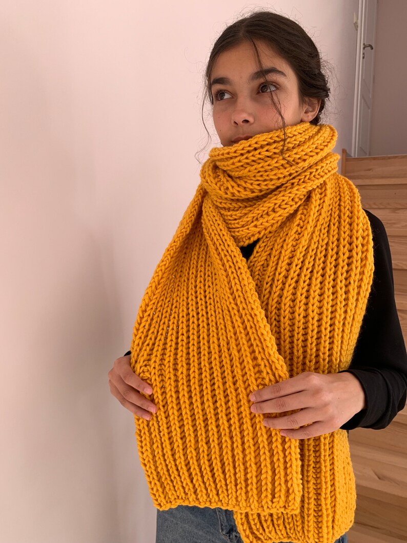 Oversized yellow hand knitted scarf, hand knitted scarf in yellow, Women knit scarf, READY FOR SHIPPING image 5