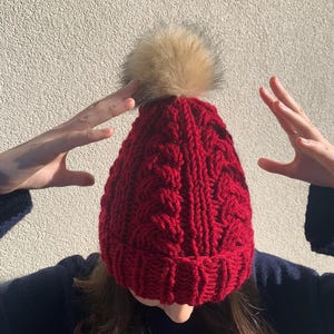 Red hand knitted pom pom hat, winter warm wool hat, hand knitted, READY FOR SHIPPING