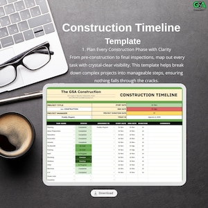 Construction Timeline Template | Track Project Status, Tasks and Deadlines in Google Sheets | Ideal for Contractors and Site Managers