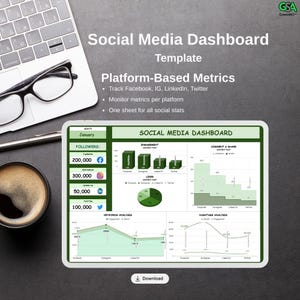 Social Media Dashboard Template | Google Sheets Engagement / Hashtag Tracker | Monthly Metrics Analytics Sheet