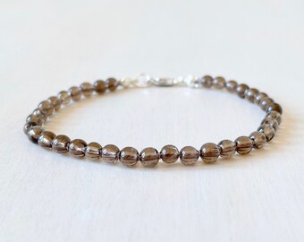 Smoky Quartz Silk Knotted Bracelet | Brown Gemstone | 4mm Beads on Taupe Silk | Stacking Minimal Bracelet