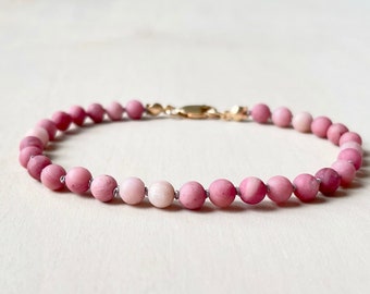 Rhodonite Hand Knotted on Gray Silk Bracelet | AAA Grade Gemstones | 4mm Beads | Minimalist Dainty Beaded Bracelet | Pink Gemstone