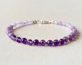 Genuine Amethyst Hand Knotted on Purple Silk Bracelet - AAA Grade Gemstone, 4mm Beads, Minimalist Bead Bracelet, Purple Ombre Bracelet