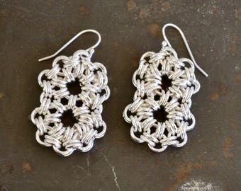 Silver Chainmaille Earrings - Double Circle Earrings - Flower Design Chainmaille - Sterling Plated Earrings - By BALOOS STUDIO