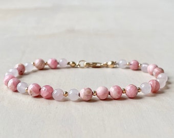 Rhodochrosite and Rose Quartz Hand Knotted on Pink Silk | AAA Grade Gemstones | 4mm Beads | Minimalist Bracelet | Gold Filled Tiny Beads