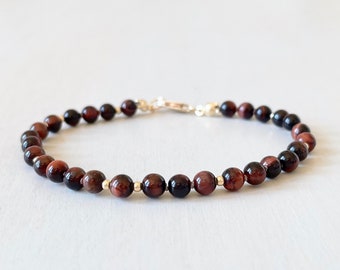 Red Tigers Eye Bracelet | Hand Knotted Silk | Tigers Eye Jewelry | 4mm Bead Bracelet