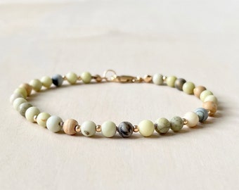 Butter Jade Hand Knotted on Gray Silk Bracelet | AAA Grade Gemstones | 4mm Beads | Gold Filled Tiny 2mm Beads