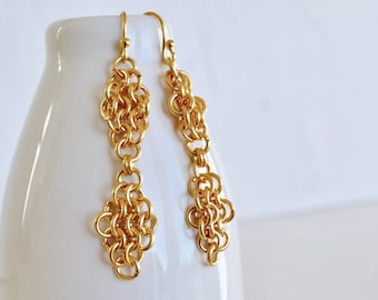 Diamond Chainmaille Earrings - 14K Gold Plated - Dangle Earrings