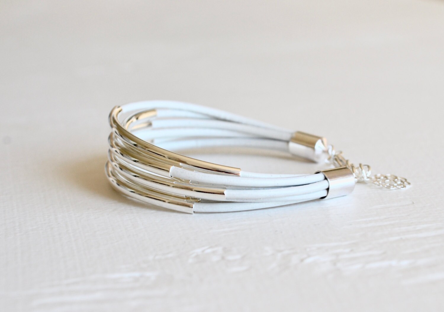 White Leather Cuff Bracelet with Silver Tube Beads Etsy