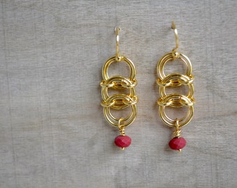 Chainmaille Earrings - Gold Centipede Triple Link Dangle Earring - Red Czech Bead Drop Earring - By BALOOS