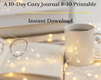 May include: A printable 8x10 journal titled Pause. Reflect. Stretch Your Nerves A 10-Day Cozy Journal. The image features an open book, a white ceramic mug, and thin-rimmed glasses, all illuminated by warm string lights with text Instant Download.
