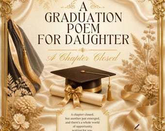 May include: A graduation poem for daughter titled A Chapter Closed, featuring a black graduation cap with a gold tassel, a rolled diploma with a gold ribbon, and floral accents inside an ornate gold frame with the text Xhev Writes at the bottom.