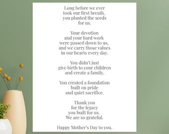 May include: A white print with a poem for Mother's Day, with the title "Mother's Day Poem" at the top. The poem is in black text and is on a white background. The background is a light green color. A vase with yellow flowers is on the left.