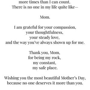Puede incluir: Una tarjeta blanca con texto negro, un mensaje para el D&iacute;a de la Madre. El texto incluye frases como "Has puesto mis necesidades por delante de las tuyas" y "Te deseo el m&aacute;s hermoso D&iacute;a de la Madre."