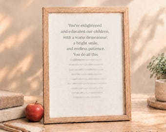 May include: A light wood frame containing a white paper with the text Teacher Appreciation Poem at the top and a poem starting with You've enlightened and educated our children, with a warm demeanour, a bright smile, and endless patience.