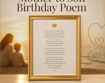 May include: A gold-framed print featuring the text Mother to Son Birthday Poem at the top and Printable Digital Download at the bottom. The center contains a blurred poem with a heart icon, set against a sunset beach background.